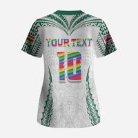 Custom Hawaii Rainbow Warriors Scrub Top Polynesian Motif White Color