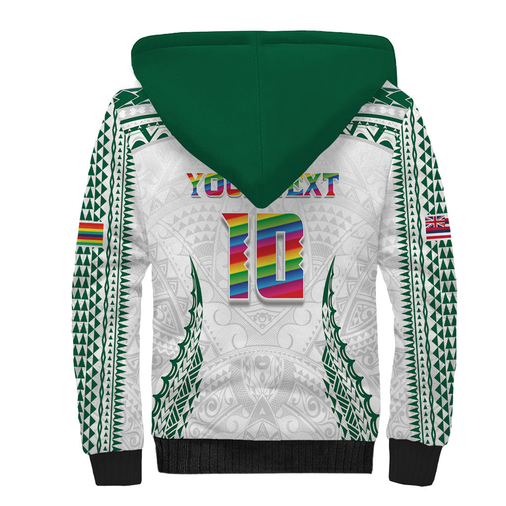 Custom Hawaii Rainbow Warriors Sherpa Hoodie Polynesian Motif White Color