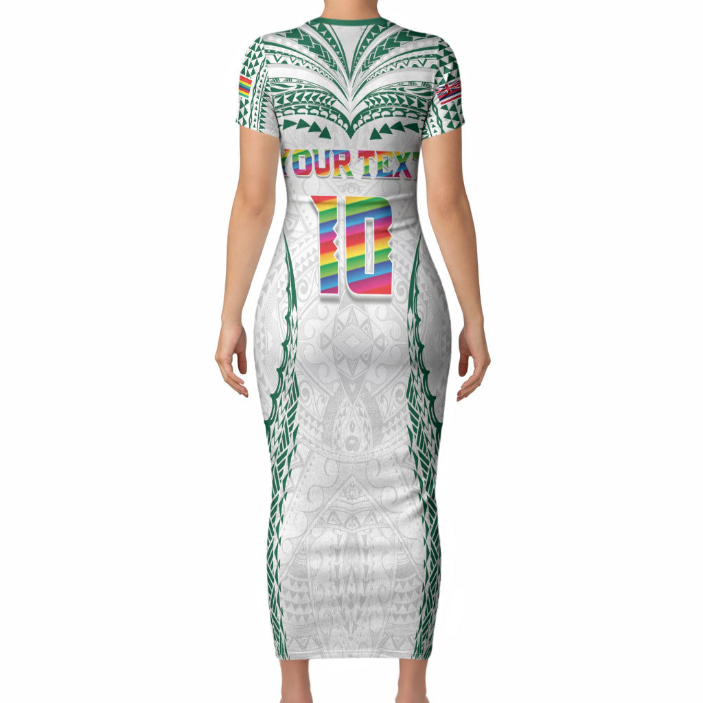 Custom Hawaii Rainbow Warriors Short Sleeve Bodycon Dress Polynesian Motif White Color