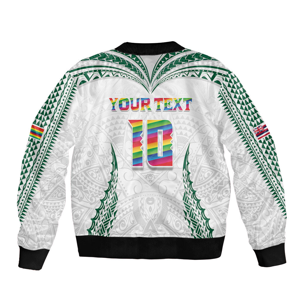 Custom Hawaii Rainbow Warriors Sleeve Zip Bomber Jacket Polynesian Motif White Color