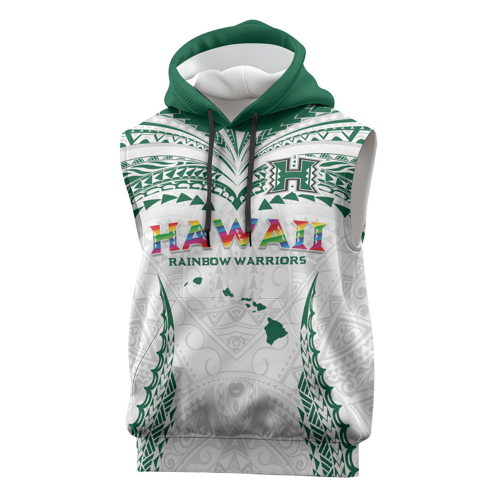 Custom Hawaii Rainbow Warriors Sleeveless Hoodie Polynesian Motif White Color