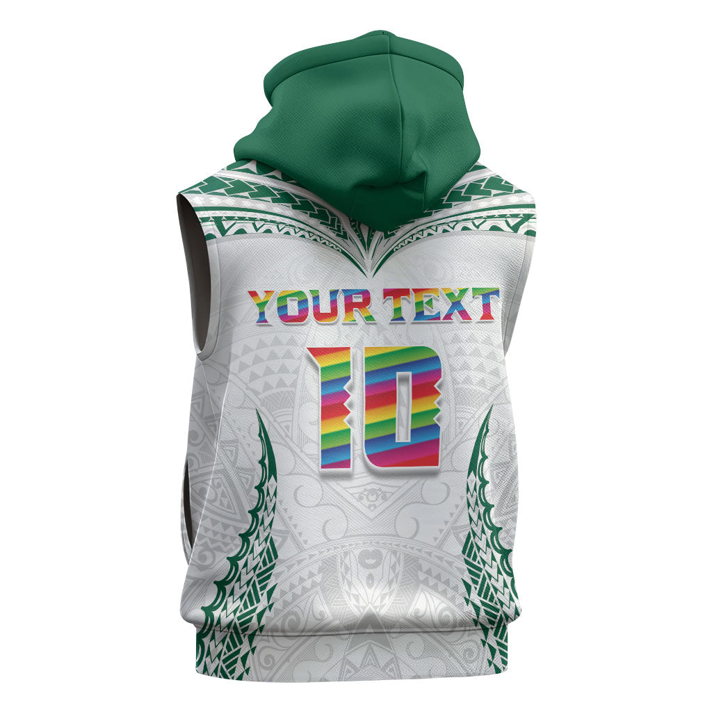 Custom Hawaii Rainbow Warriors Sleeveless Hoodie Polynesian Motif White Color