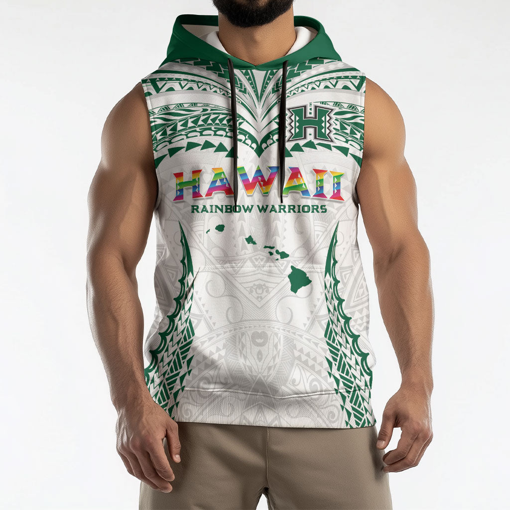 Custom Hawaii Rainbow Warriors Sleeveless Hoodie Polynesian Motif White Color