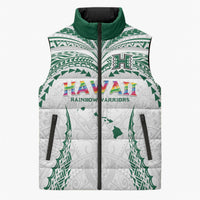 Custom Hawaii Rainbow Warriors Sleeveless Puffer Jacket Polynesian Motif White Color
