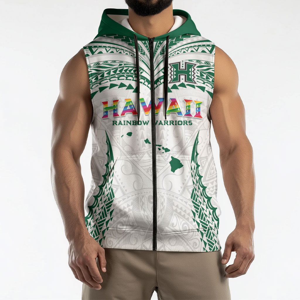 Custom Hawaii Rainbow Warriors Sleeveless Zip Hoodie Polynesian Motif White Color