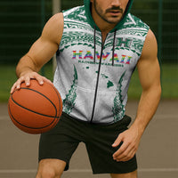 Custom Hawaii Rainbow Warriors Sleeveless Zip Hoodie Polynesian Motif White Color