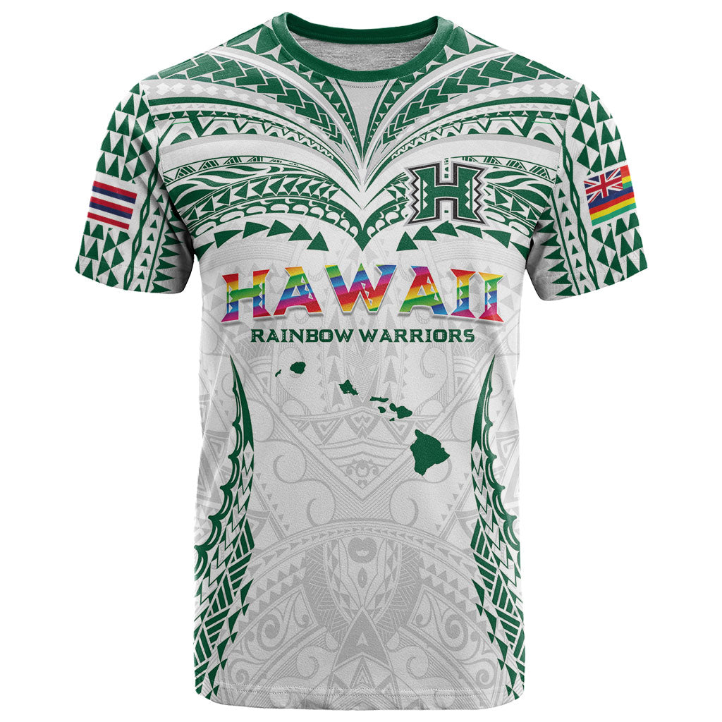 Custom Hawaii Rainbow Warriors T Shirt Polynesian Motif White Color