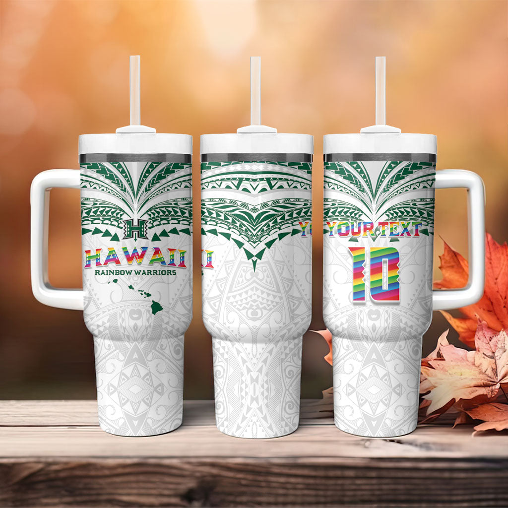 Custom Hawaii Rainbow Warriors Tumbler With Handle Polynesian Motif White Color