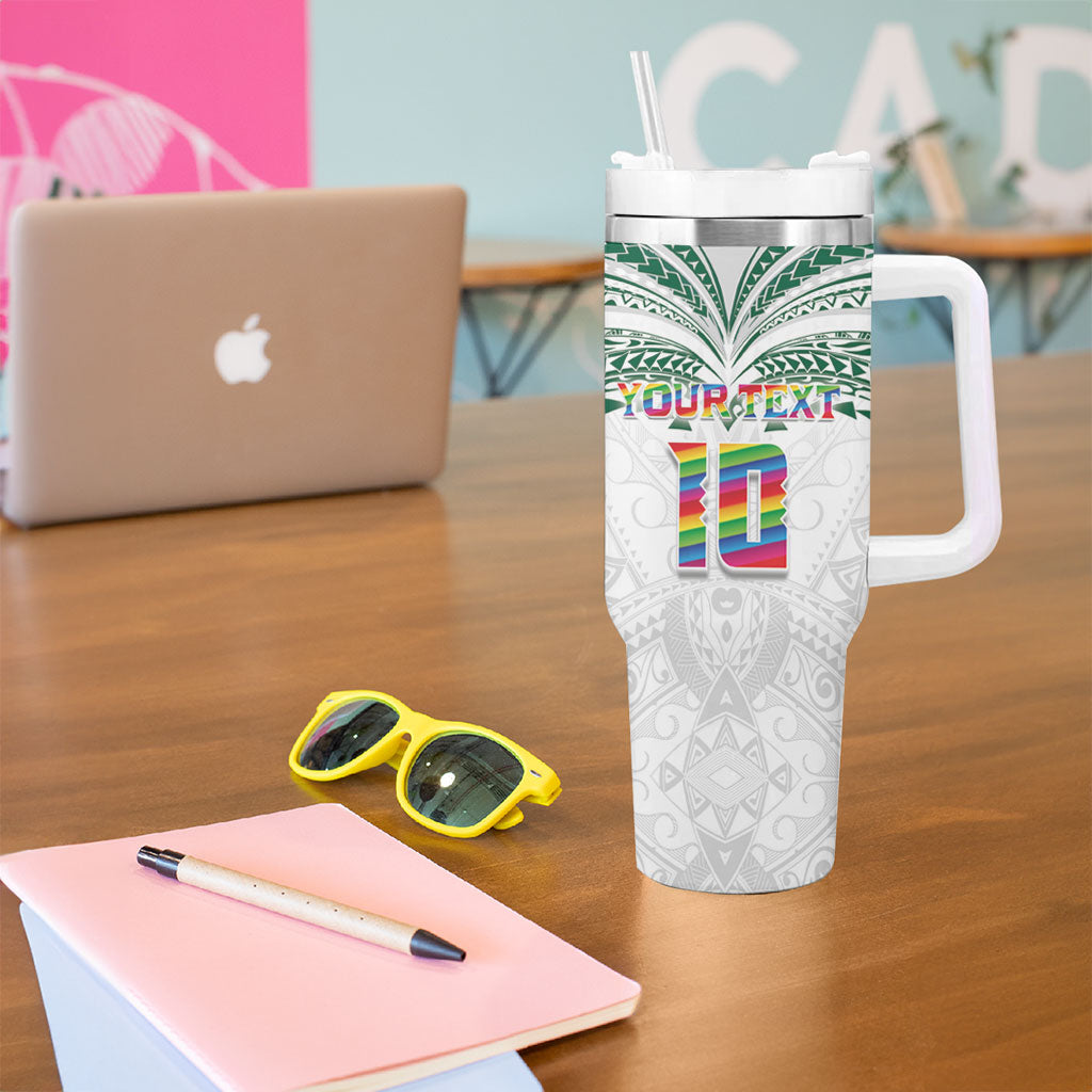 Custom Hawaii Rainbow Warriors Tumbler With Handle Polynesian Motif White Color