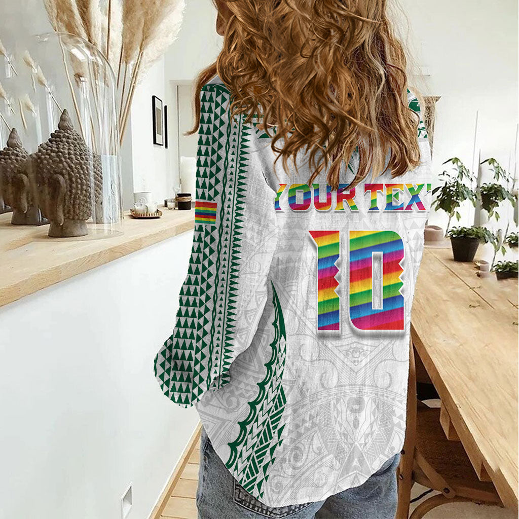 Custom Hawaii Rainbow Warriors Women Casual Shirt Polynesian Motif White Color
