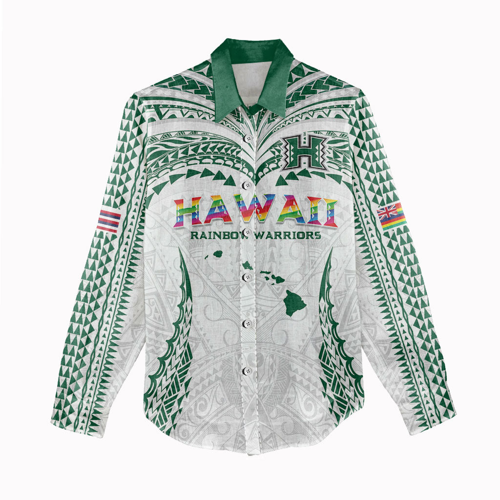 Custom Hawaii Rainbow Warriors Women Casual Shirt Polynesian Motif White Color