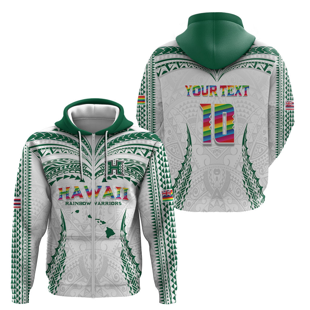 Custom Hawaii Rainbow Warriors Zip Hoodie Polynesian Motif White Color