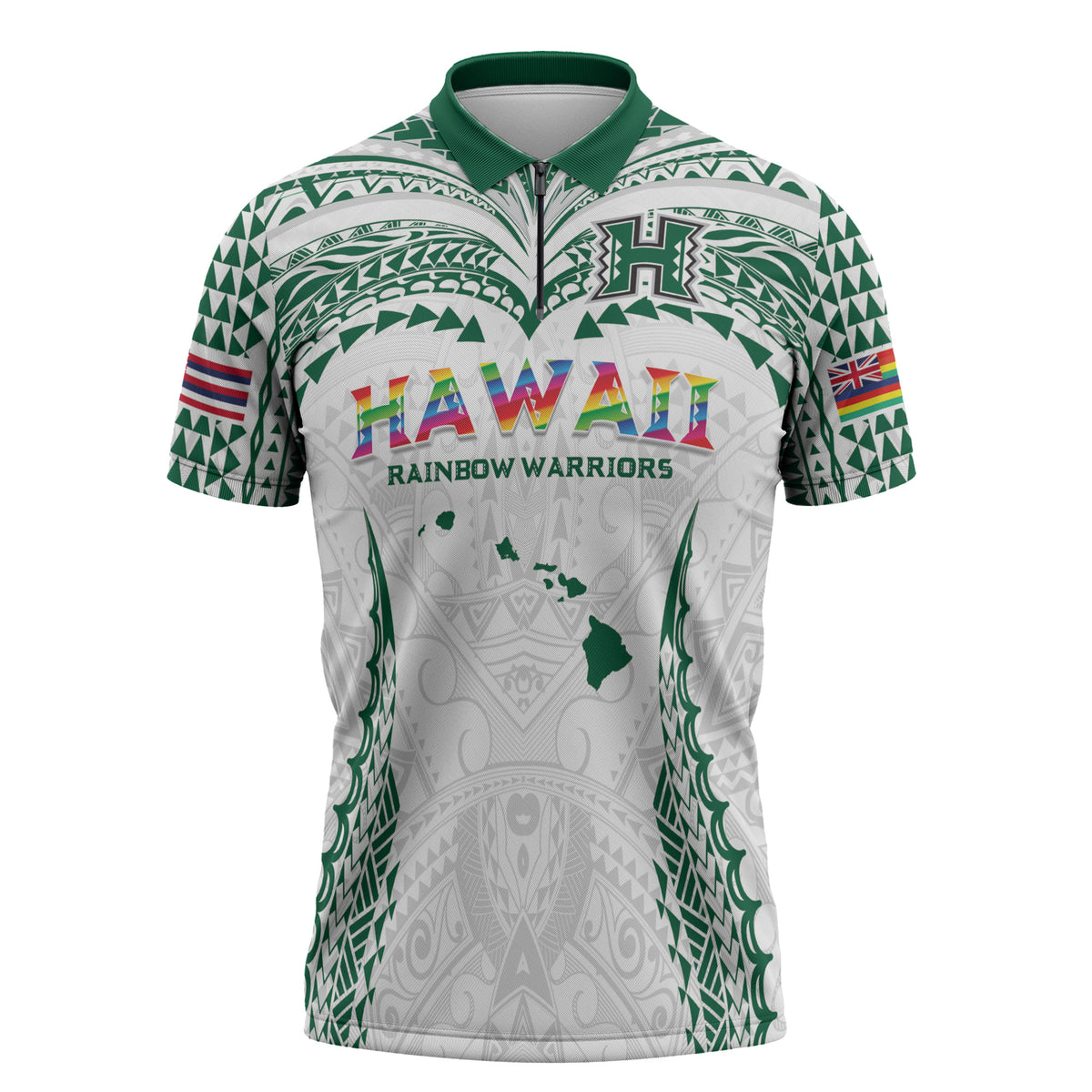 Custom Hawaii Rainbow Warriors Zipper Polo Shirt Polynesian Motif White Color