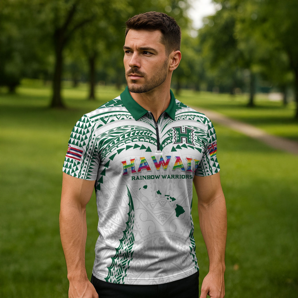 Custom Hawaii Rainbow Warriors Zipper Polo Shirt Polynesian Motif White Color