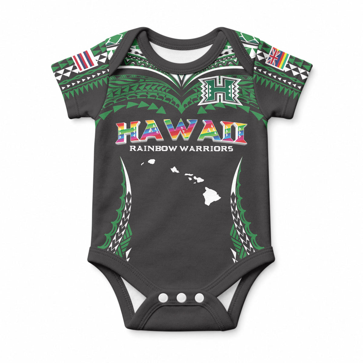 Custom Hawaii Rainbow Warriors Baby Onesie Polynesian Motif Black Color
