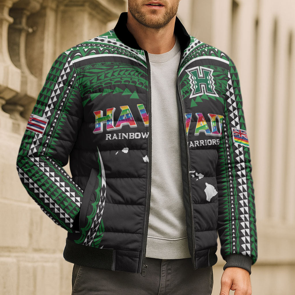 Custom Hawaii Rainbow Warriors Bomber Puffer Jacket Polynesian Motif Black Color