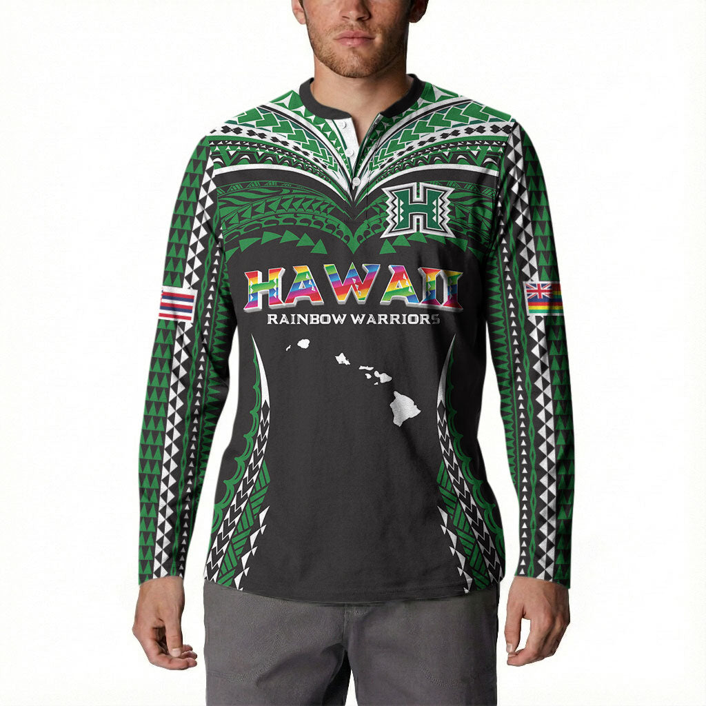 Custom Hawaii Rainbow Warriors Button Sweatshirt Polynesian Motif Black Color
