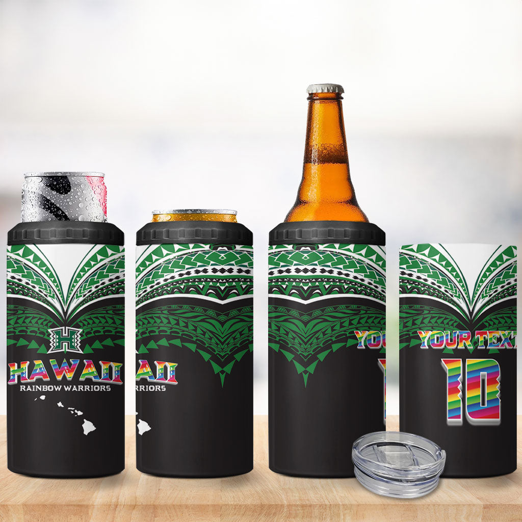 Custom Hawaii Rainbow Warriors 4 in 1 Can Cooler Tumbler Polynesian Motif Black Color