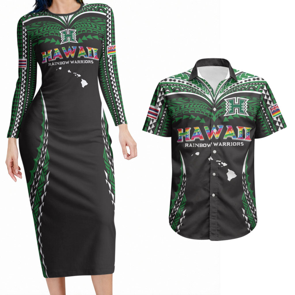 Custom Hawaii Rainbow Warriors Couples Matching Long Sleeve Bodycon Dress and Hawaiian Shirt Polynesian Motif Black Color