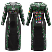 Custom Hawaii Rainbow Warriors Couples Matching Long Sleeve Bodycon Dress and Long Sleeve Button Shirt Polynesian Motif Black Color