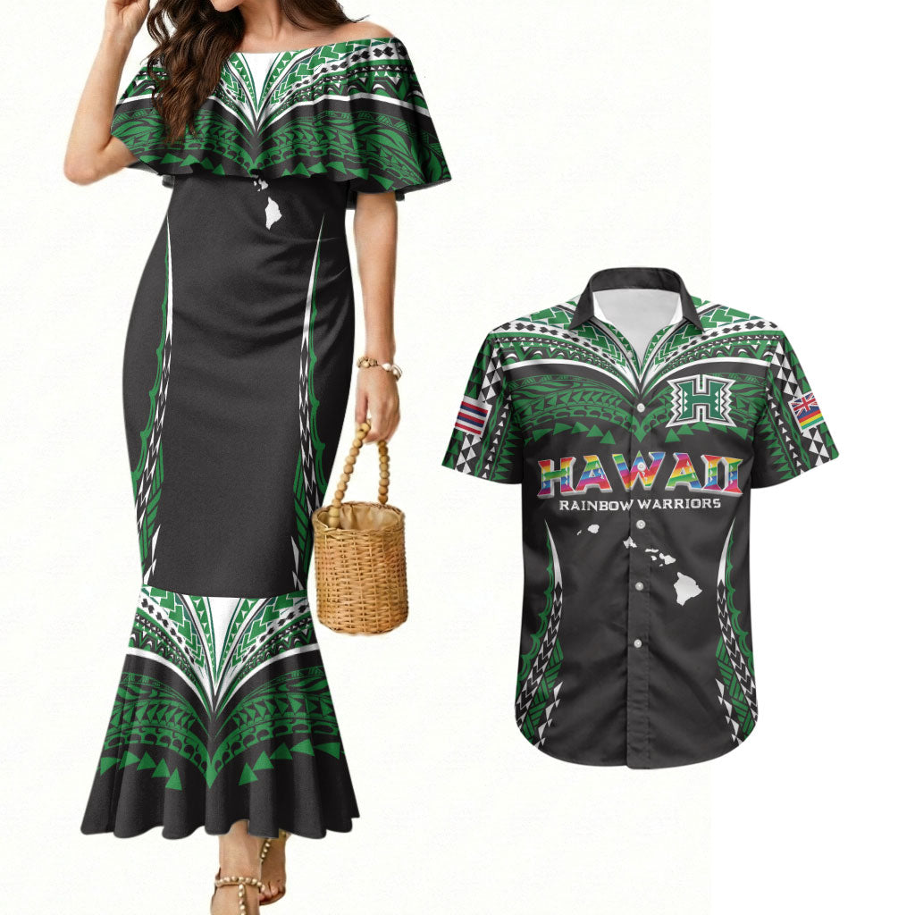 Custom Hawaii Rainbow Warriors Couples Matching Mermaid Dress and Hawaiian Shirt Polynesian Motif Black Color