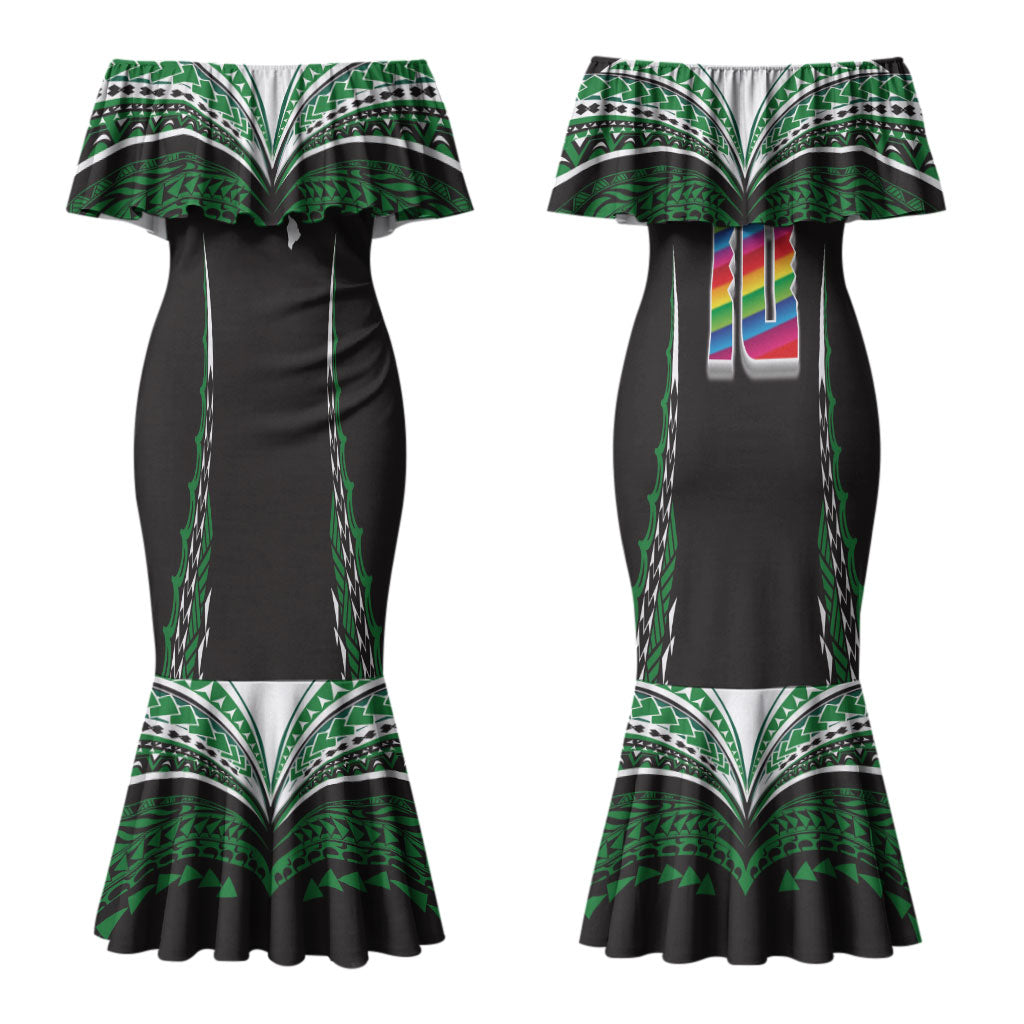 Custom Hawaii Rainbow Warriors Couples Matching Mermaid Dress and Long Sleeve Button Shirt Polynesian Motif Black Color