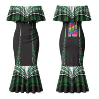 Custom Hawaii Rainbow Warriors Couples Matching Mermaid Dress and Long Sleeve Button Shirt Polynesian Motif Black Color