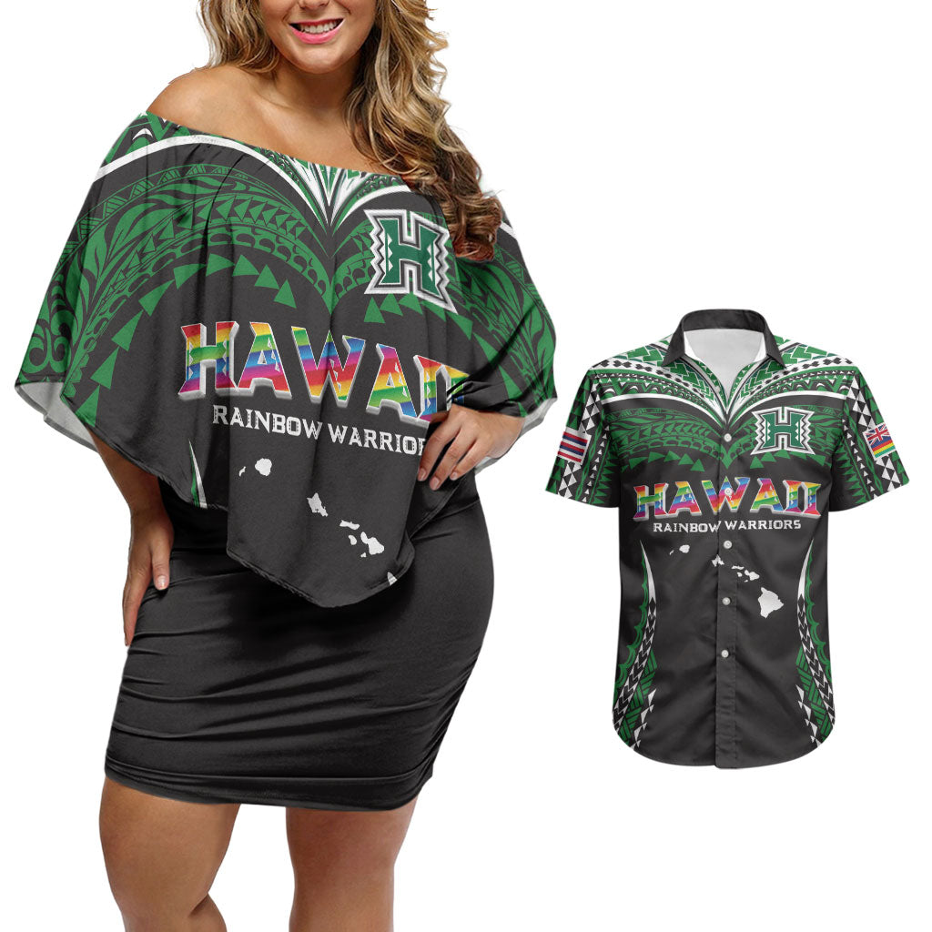 Custom Hawaii Rainbow Warriors Couples Matching Off Shoulder Short Dress and Hawaiian Shirt Polynesian Motif Black Color