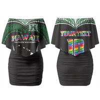 Custom Hawaii Rainbow Warriors Couples Matching Off Shoulder Short Dress and Hawaiian Shirt Polynesian Motif Black Color