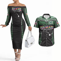Custom Hawaii Rainbow Warriors Couples Matching Off The Shoulder Long Sleeve Dress and Hawaiian Shirt Polynesian Motif Black Color