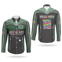 Custom Hawaii Rainbow Warriors Couples Matching Off The Shoulder Long Sleeve Dress and Long Sleeve Button Shirt Polynesian Motif Black Color