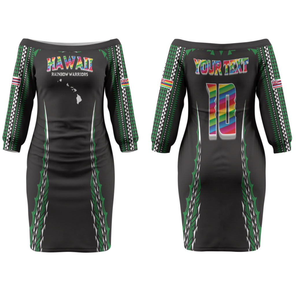 Custom Hawaii Rainbow Warriors Couples Matching Off The Shoulder Long Sleeve Dress and Long Sleeve Button Shirt Polynesian Motif Black Color