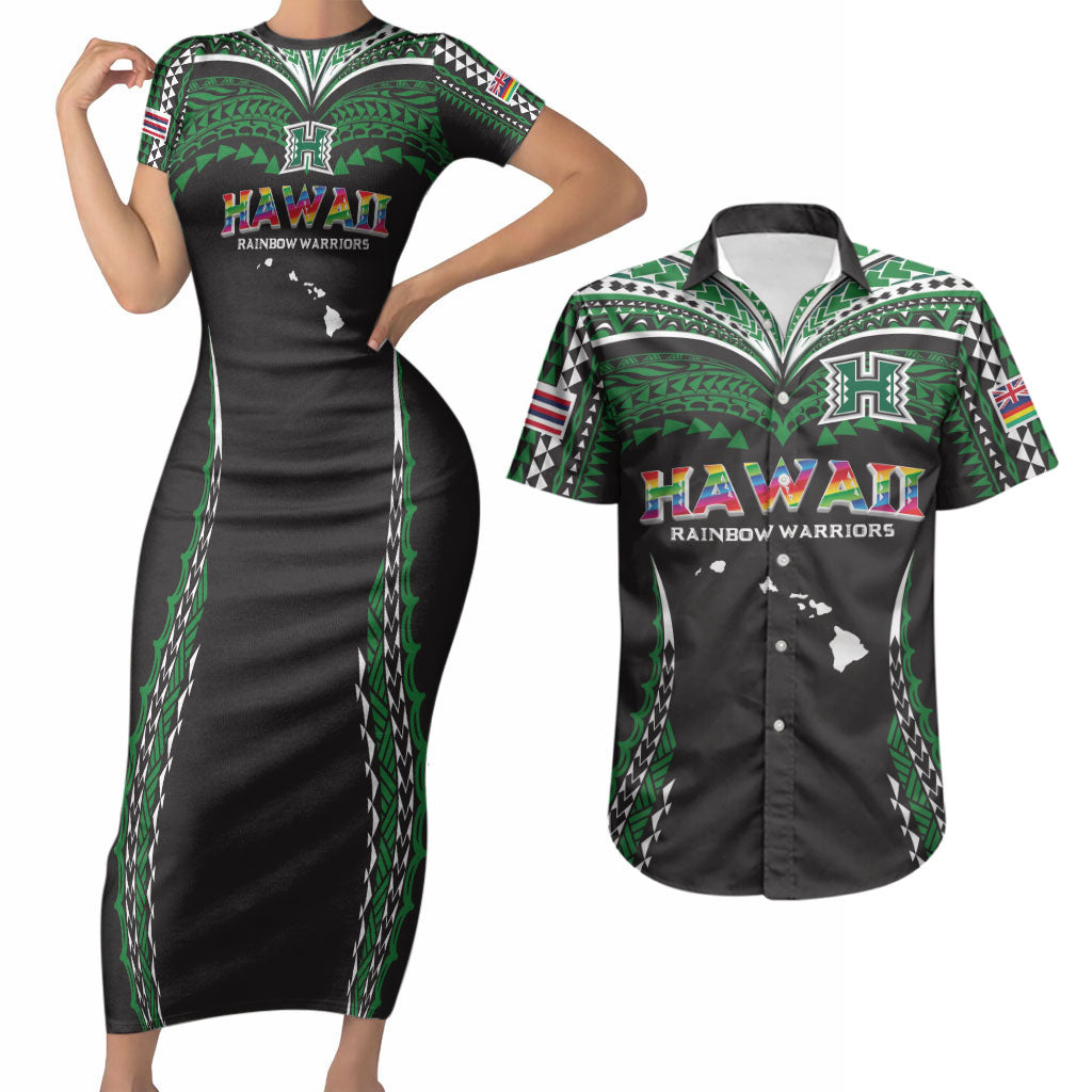 Custom Hawaii Rainbow Warriors Couples Matching Short Sleeve Bodycon Dress and Hawaiian Shirt Polynesian Motif Black Color