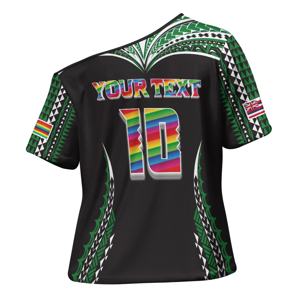 Custom Hawaii Rainbow Warriors Cross Shoulder Shirt Polynesian Motif Black Color