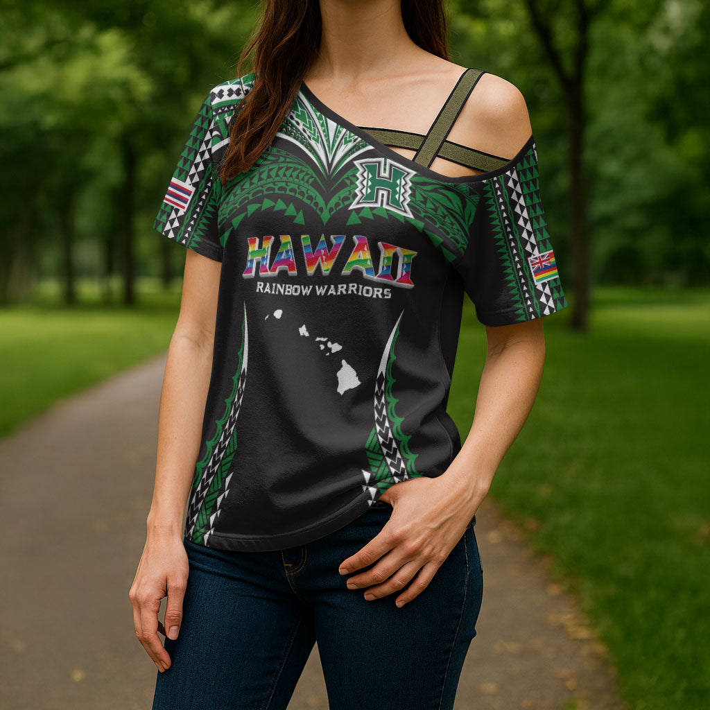 Custom Hawaii Rainbow Warriors Cross Shoulder Shirt Polynesian Motif Black Color