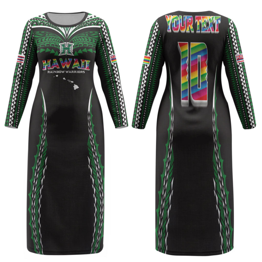 Custom Hawaii Rainbow Warriors Family Matching Long Sleeve Bodycon Dress and Hawaiian Shirt Polynesian Motif Black Color