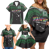 Custom Hawaii Rainbow Warriors Family Matching Off Shoulder Short Dress and Hawaiian Shirt Polynesian Motif Black Color