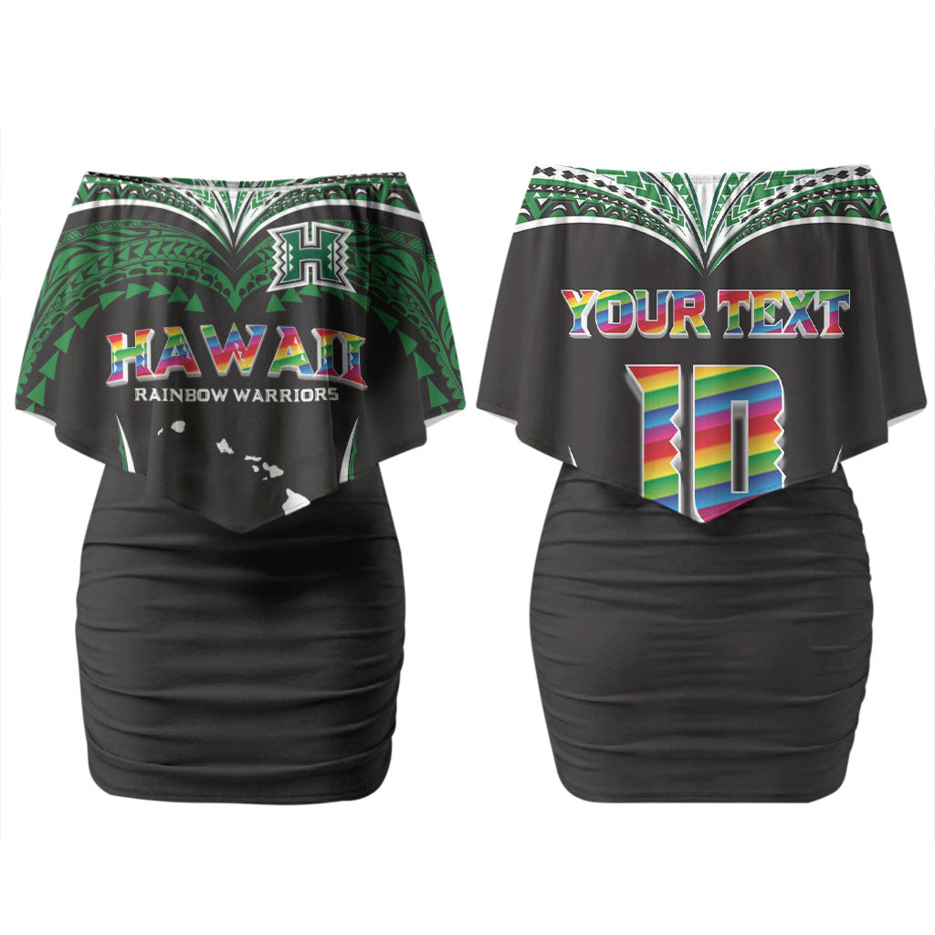 Custom Hawaii Rainbow Warriors Family Matching Off Shoulder Short Dress and Hawaiian Shirt Polynesian Motif Black Color