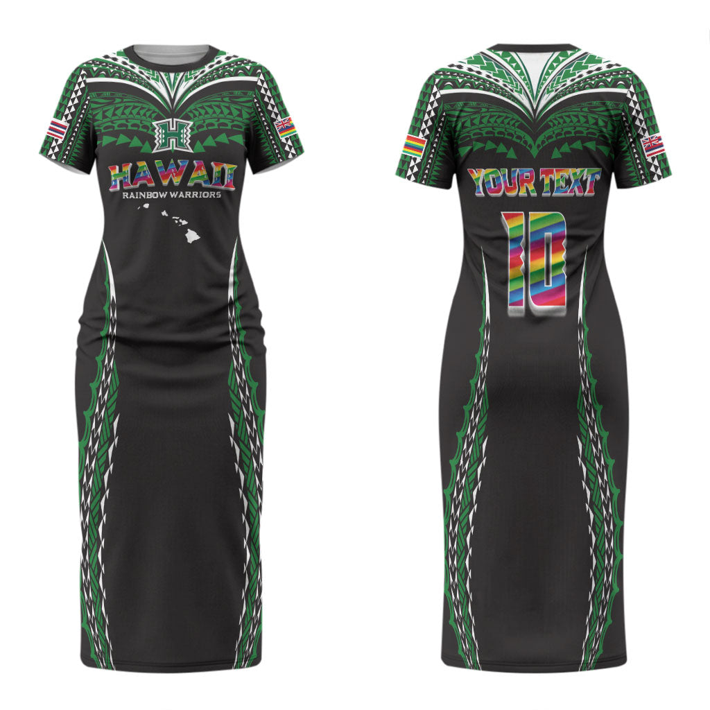 Custom Hawaii Rainbow Warriors Family Matching Short Sleeve Bodycon Dress and Hawaiian Shirt Polynesian Motif Black Color