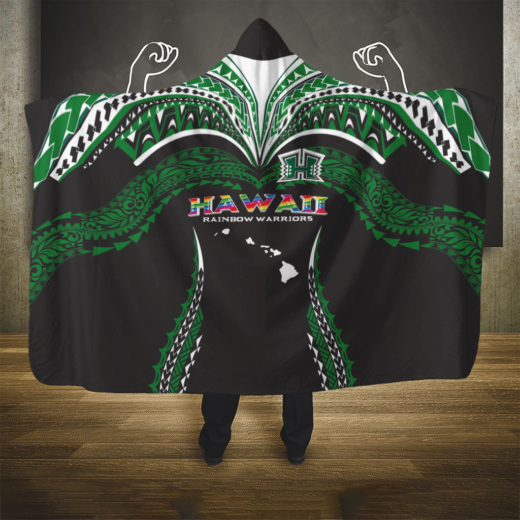Hawaii Rainbow Warriors Hooded Blanket Polynesian Motif Black Color