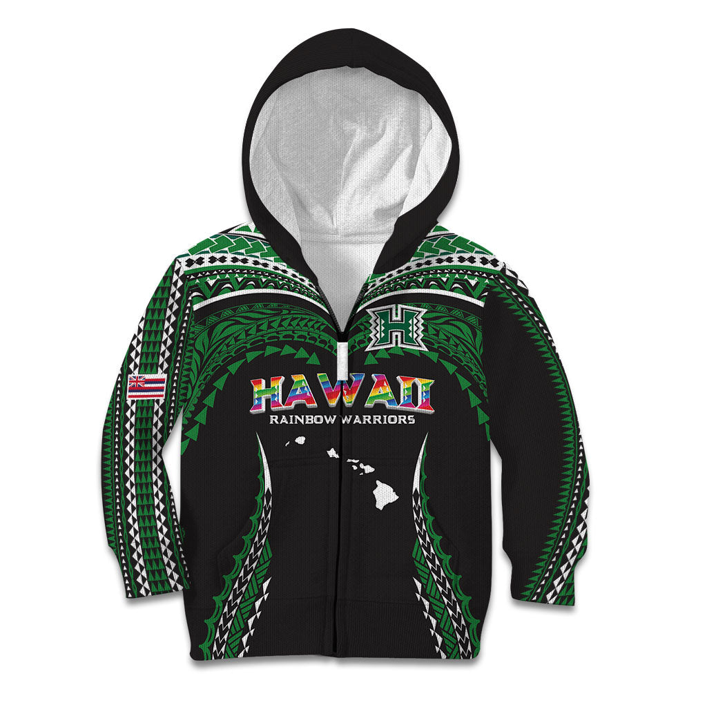 Custom Hawaii Rainbow Warriors Kid Hoodie Polynesian Motif Black Color