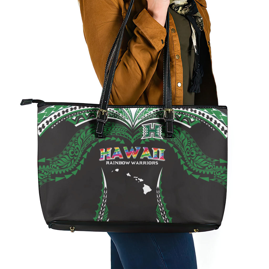 Hawaii Rainbow Warriors Leather Tote Bag Polynesian Motif Black Color