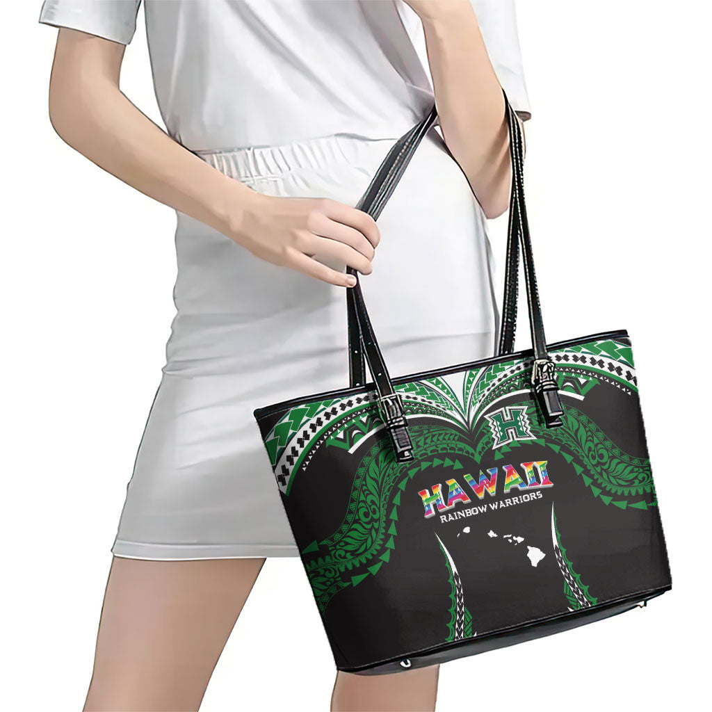 Hawaii Rainbow Warriors Leather Tote Bag Polynesian Motif Black Color