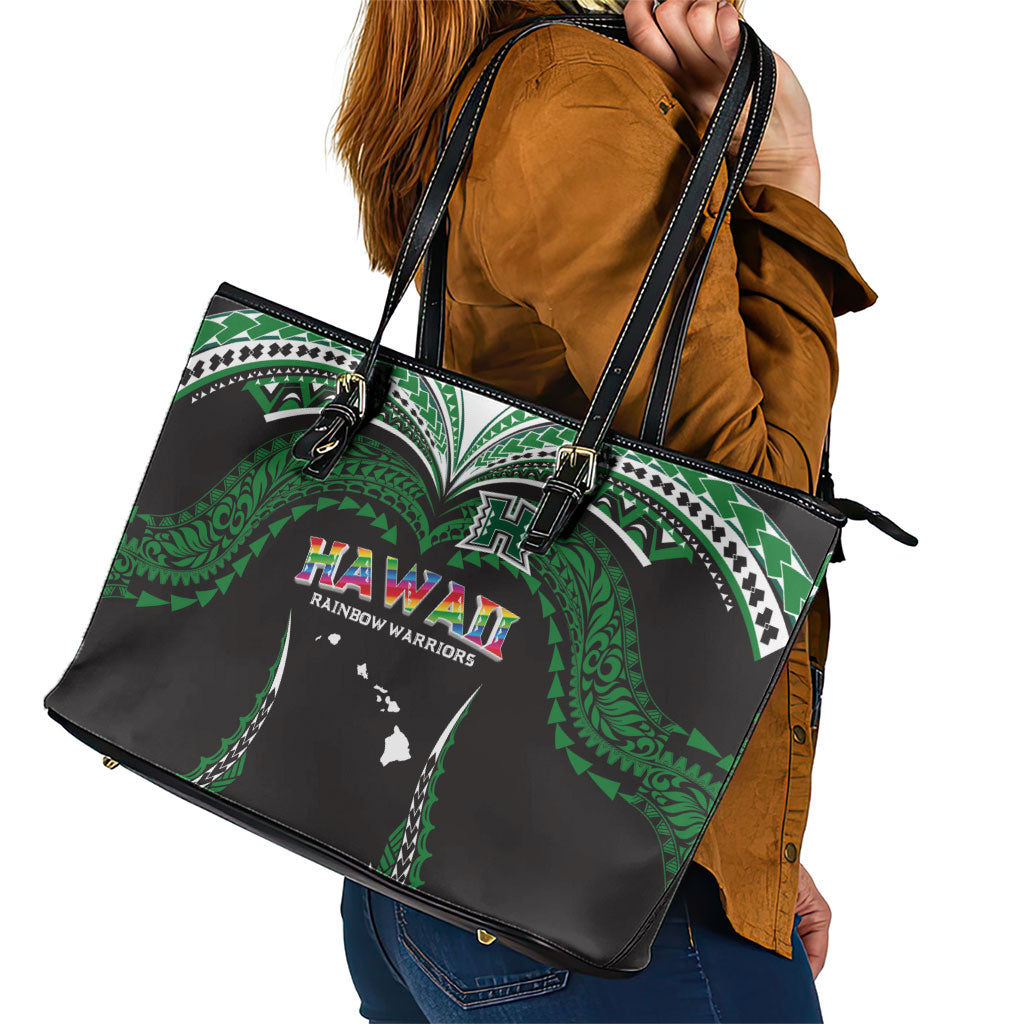 Hawaii Rainbow Warriors Leather Tote Bag Polynesian Motif Black Color