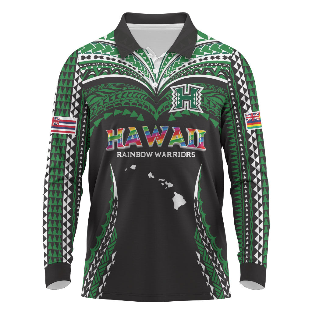 Custom Hawaii Rainbow Warriors Long Sleeve Polo Shirt Polynesian Motif Black Color