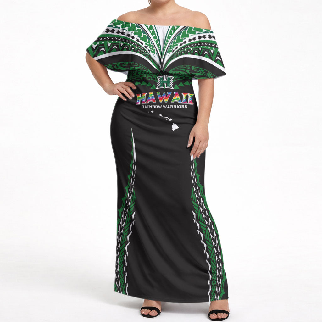 Custom Hawaii Rainbow Warriors Off Shoulder Maxi Dress Polynesian Motif Black Color