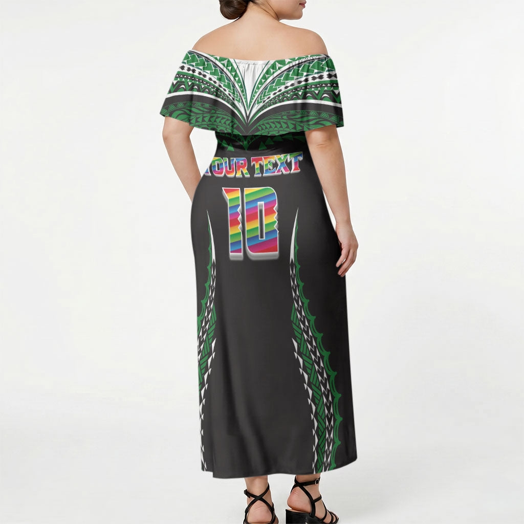 Custom Hawaii Rainbow Warriors Off Shoulder Maxi Dress Polynesian Motif Black Color