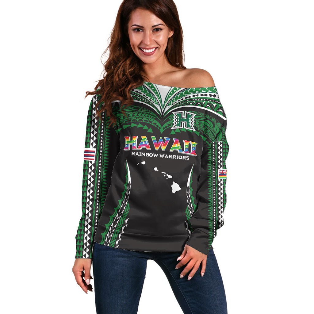 Custom Hawaii Rainbow Warriors Off Shoulder Sweater Polynesian Motif Black Color