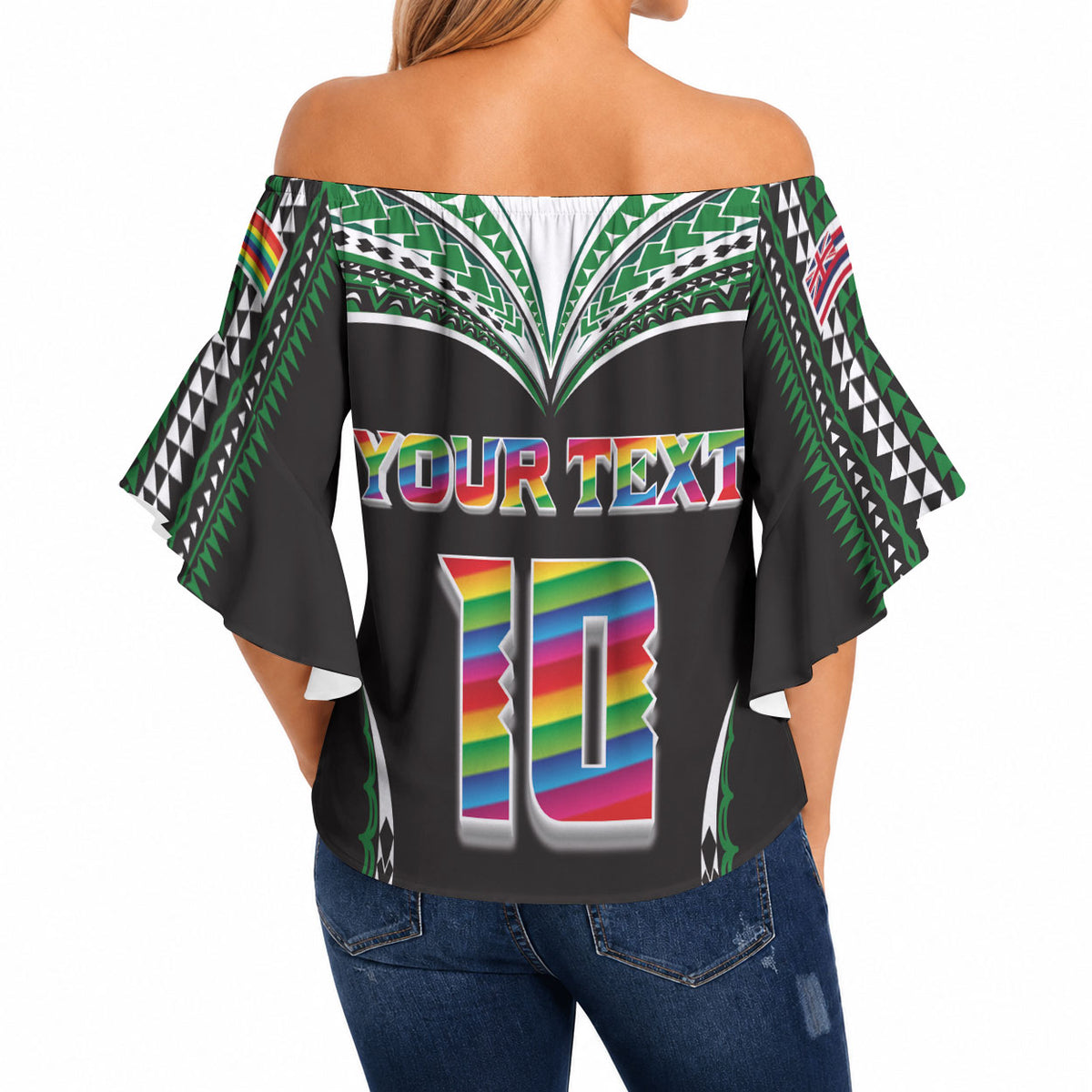 Custom Hawaii Rainbow Warriors Off Shoulder Wrap Waist Top Polynesian Motif Black Color