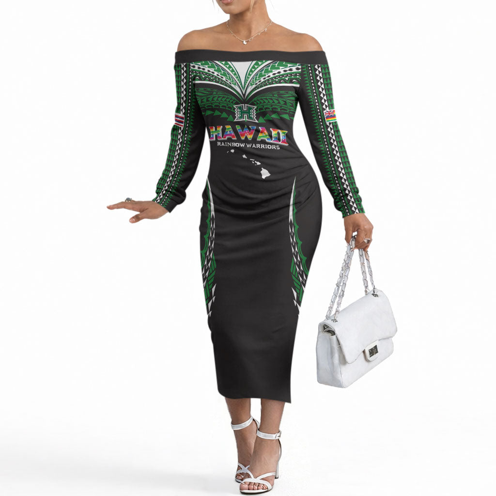 Custom Hawaii Rainbow Warriors Off The Shoulder Long Sleeve Dress Polynesian Motif Black Color